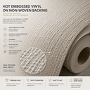 Infographic showing hot embossed vinyl wallpaper on a non-woven backing with a close-up of the deep textured surface and benefits including durability, washability, easy installation, and long-lasting performance.