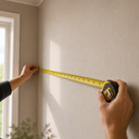 Person measuring the width of a textured interior wall with a tape measure before ordering wallpaper.
