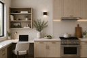 Neutral kitchen interior with light textured wallpaper installed behind built-in cabinetry, shelves, and a home workspace.