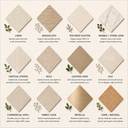 Wallpaper texture guide featuring linen, grasscloth, textured plaster, marble, vertical stripes, mica, leather, silk, commercial vinyl, fabric, metallic, and cork finishes.