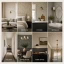 Collage showing wallpaper installed in a living room, bedroom, kitchen, bathroom, hallway, dining room, home office, and ceiling.
