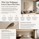 Infographic highlighting the thickness, embossed texture, durability, premium appearance, and nearly invisible seams of luxury wallpaper in modern living room and bedroom interiors.