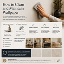 Infographic showing how to clean and maintain washable embossed vinyl wallpaper, including everyday cleaning, stain removal, care tips, and suitable rooms.