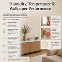 Infographic explaining recommended humidity, temperature, airflow, and drying conditions during the first 24–48 hours after wallpaper installation.