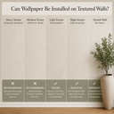 Infographic comparing heavy, medium, light, and slight wall textures with a smooth wall to show which surfaces are suitable for wallpaper installation.