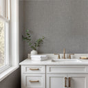 Dark gray tweed wallpaper with staggered lines and flecks, creating a woolen fabric look, ideal for feature walls needing restrained depth.