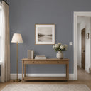 Blue-gray linen wallpaper with a fine woven grid offers a neutral-cool surface. The small-scale crosshatch mimics fabric weave, creating subtle tonal variation. Ideal for modern interiors, it requires adhesive, perfect for a structured, calming backdrop in offices or bedrooms.