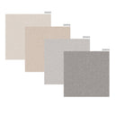 Color chart infographic: 18 swatches of the available wallpaper colors, ranging from light cream and beige through taupe, greige and soft pink to charcoal gray, each labeled with its color code.