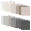 Color chart infographic: 18 swatches of the available wallpaper colors, ranging from light cream and beige through taupe, greige and soft pink to charcoal gray, each labeled with its color code.