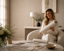 A woman in a cream lounge chair holds a rolled sample of textured wallpaper in a beautifully styled, neutral-toned room. A matching sample sheet lies on the marble coffee table in the foreground, surrounded by decorative flowers, a lamp, and framed wall art.