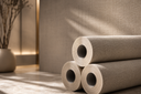Three rolls of textured beige wallpaper stacked on a floor against a matching beige wall, with soft sunlight casting shadows and a decorative vase in the background.