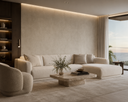 A modern living room featuring a large cream-colored sectional sofa, a matching armchair, a low stone coffee table, and a textured beige wallpaper on the wall with warm ambient lighting.