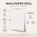 Wallpaper roll infographic: the standard roll is 42 inches (106.7 cm) wide and 33 feet (10.05 m) long, covering 115.5 square feet (10.7 m²).