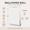 Wallpaper roll infographic: the long roll is 42 inches (106.7 cm) wide and 50 feet (15.24 m) long, covering 175 square feet (16.3 m²).