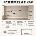 How-to-measure infographic: measure the wall height from ceiling to baseboard and the full width in several places, measure each wall separately without subtracting doors or windows, then enter the measurements in the online wallpaper calculator to see how many rolls to order.